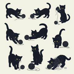 Playful Black Cats with Yarn Balls - A Whimsical Collection.