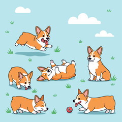 Playful Corgis in Various Poses on a Light Blue Background.