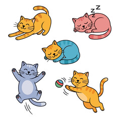 Playful Cats Cartoon Illustration - Stretching, Sleeping, and Playing.
