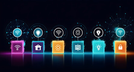 Smart home security connectivity automation cybersecurity threat landscape vivid icons glowing interface