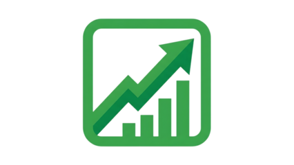 Green graph with rising arrow and bars isolated on a transparent background chart