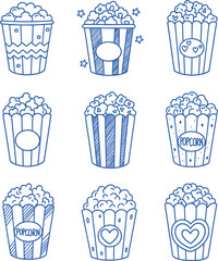 Set of hand drawn popcorn buckets with various decorative designs and labels for movie theater cinema snacks and entertainment concept vector © ma