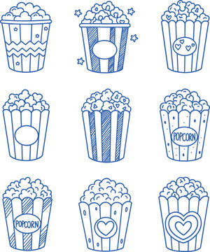 Set of hand drawn popcorn buckets with various decorative designs and labels for movie theater cinema snacks and entertainment concept vector
