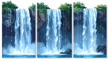 Cartoon waterfall triptych cascading water, lush green foliage, and rocky cliffs meet clear pool