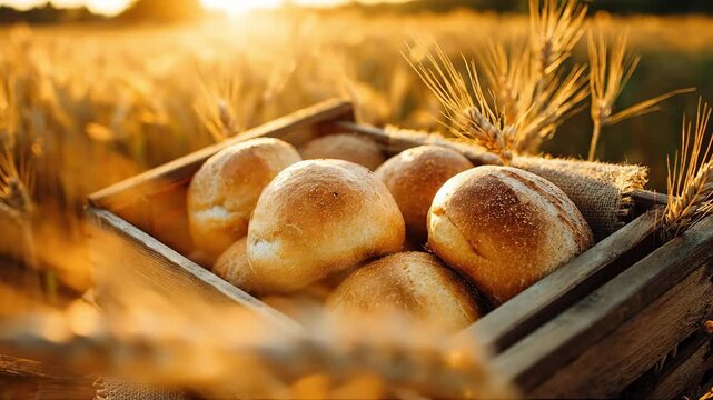 Fresh baked bread buns in wooden crate on wheat field background at sunset