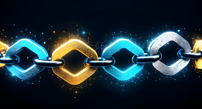 Cybersecurity threat landscape linked chain concept glowing hexagonal links digital network illustrating secure connection and vulnerability - Powered by Adobe