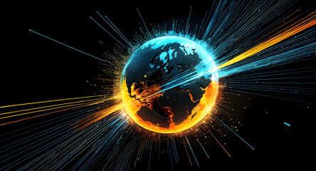 Cybersecurity threat landscape global digital attack concept with glowing earth and data streaks conveying urgency and resilience
