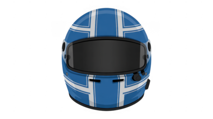 Blue racing helmet with white stripes isolated on a transparent background