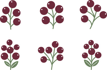 Set of simple flat berry branch illustrations with red fruits and green leaves for seasonal autumn and winter nature design elements © ma