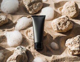 Minimalist Black Tube Mockup on Sand with Foam and Stones