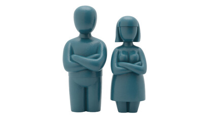 Blue statues of a man and dressed woman with arms crossed isolated on a transparent background