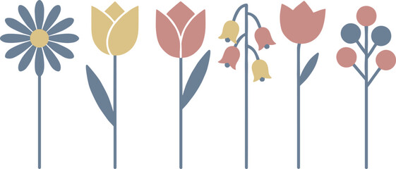 Minimalist floral vector collection with simple daisy tulip and berry blossoms in pastel colors isolated on white background for spring design © ma