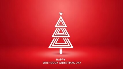 Happy Orthodox Christmas Day with modern white tree on red