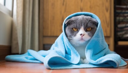 Charming Indoor Portrait of a Scottish Fold Cat Wrapped in Towel