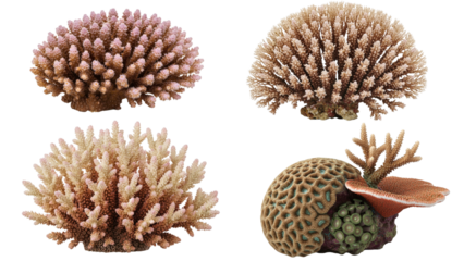 Four diverse coral formations showcasing varied shapes, colors, and textures, revealing underwater ecosystem diversity