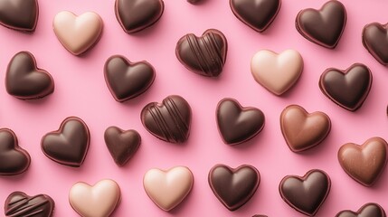 Vibrant aerial view of colorful chocolate hearts in a sweet treats arrangement