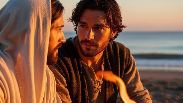 Jesus restores Peter:Jesus Christ and Peter on the shore by the Fire. "Do You Love Me? &mdash; Feed My Sheep." The Restoration. John 21.