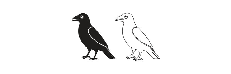 Fototapeta premium a minimalist graphic set featuring a solid black crow silhouette and a simple outline drawing of a crow isolated on a white background, perfect for graphic design elements and conceptual artwork