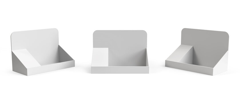 Empty Product Display Tray. Supermarket Promotional Display Rack. Counter top display. PDQ Display Box. 3D Render Illustration.
