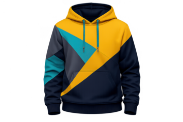 Modern hoodie showcasing creative geometric pattern with yellow, blue, and grey elements on transparent background