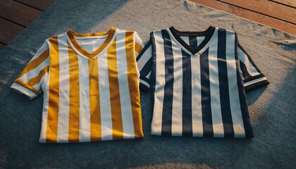 Two Folded Striped V-Neck Soccer Jersey Shirts, Yellow and Blue Colors