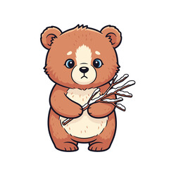 Fototapeta premium Cute cartoon bear holding frost-covered twigs — winter forest animal illustration 