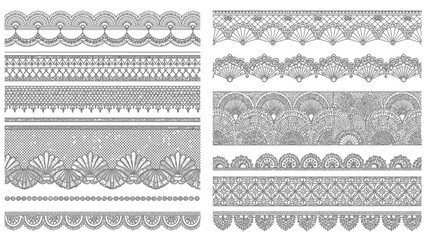 Intricate black and white lace patterns form a collection of decorative border designs for crafting