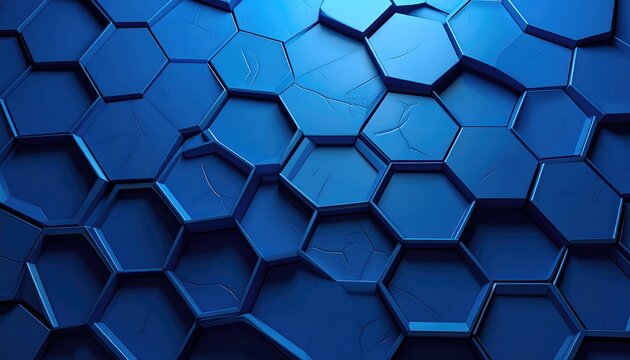 Abstract view Hexagonal blue forms pressed tightly to create modern mosaic-like tiling, some pieces cracked