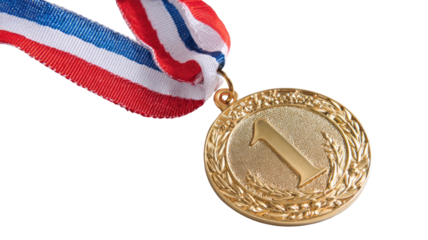 A gold medal with a red ribbon isolated on a white background serves as a first place award and symbol of victory for a champion athlete or military winner achieving success in competition