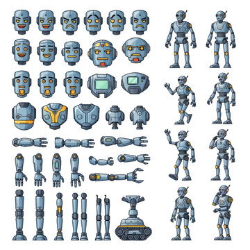 Robot Character Sprite Sheet for Game Development and Animation.