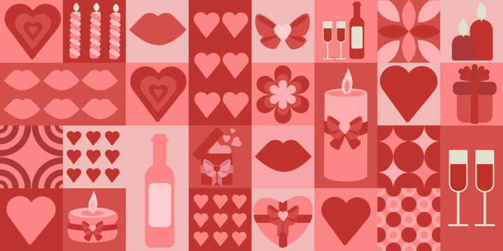Seamless Valentines Day geometric pattern in red and pink colors with romantic elements: hearts, lips, gifts, wine glasses and candles. Perfect for textile printing, wrapping paper and festive design