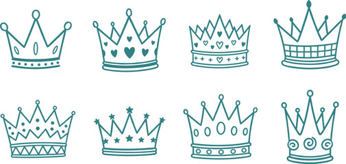 Royal crown icons collection with various ornamental patterns and jewel details for king queen prince princess and luxury branding concepts © ma