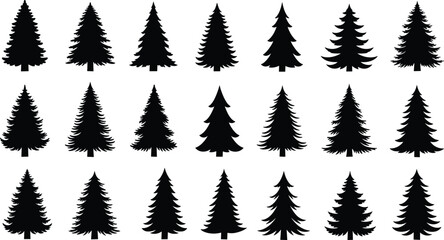 Set of black pine tree silhouettes, evergreen spruce and fir coniferous forest elements for Christmas, winter nature landscape, isolated vector illustration on white background (24 words) © Moklesur