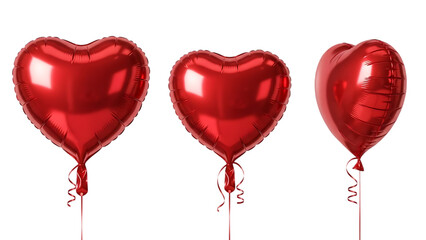 Three shiny red heart shaped foil balloons perfect for valentines on transparent background