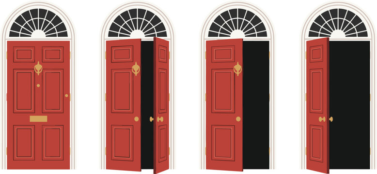 Classic red front door opening sequence vector illustration set with arched window isolated on white background