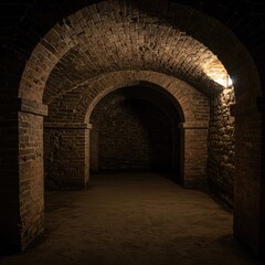 Dark, atmospheric basement cellar featuring ancient, rough stone walls and a low, arched ceiling, suggesting historical storage or foundation ,storage ,abandoned ,Cellar