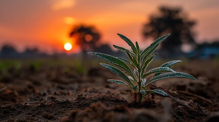 Young plant sprouting in sunset soil