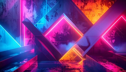 Abstract geometric shapes illuminated by vibrant neon lights in a dark, textured environment.