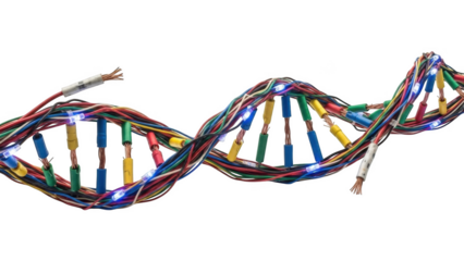 D N A helix formed from colorful electrical wires and illuminated by small blue L E Ds against a png isolated transparent background black background