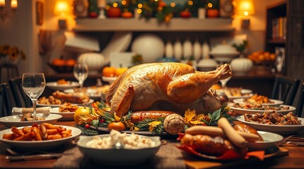 festive holiday thanksgiving turkey roasted roast golden whole traditional feast dinner family celebration autumn cozy rustic table centerpiece warm lighting