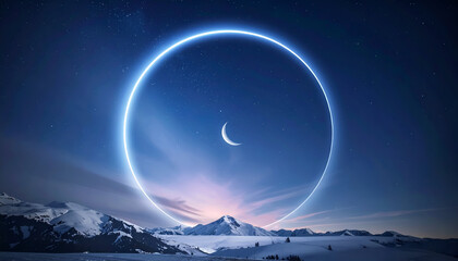 Circular Lunar Ring Over Snowy Mountain Range at Twilight