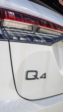 Close-up of the Q4 badge and rear tail light on a white Audi Q4 e-tron electric car, Ramat Gan, Israel, 24 December, 2025