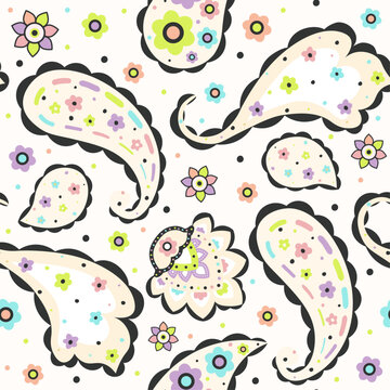  Indian flower motifs seamless pattern style for textile and decoration, paisley abstract shape of baroque geometric ornaments Textile, peach, blue, pastel colors, light, ethnic