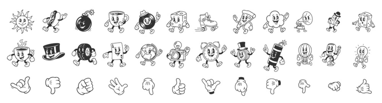 Old School Cartoon Distressed Mascots Collection, Melting Ice Cream, Crying Teardrop, Anxious Teapot, and Hypnotized Sun, Black and White Vector.