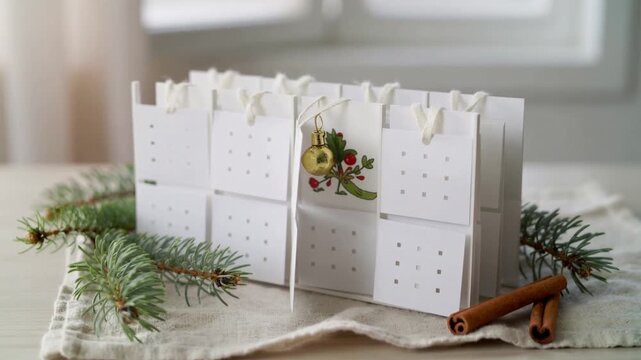 Minimalist pastel advent calendar flatlay with cozy winter textures, pine accents, and perforated pop-open design, evoking calm, warmth, and festive seasonal charm.