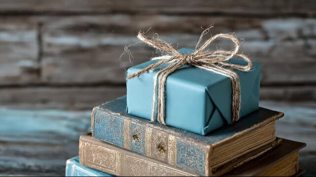 Stack of vintage books with blue wrapped gift box and rustic twine bow on weathered wooden background