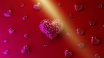 Beautiful pink hearts on red background with light
