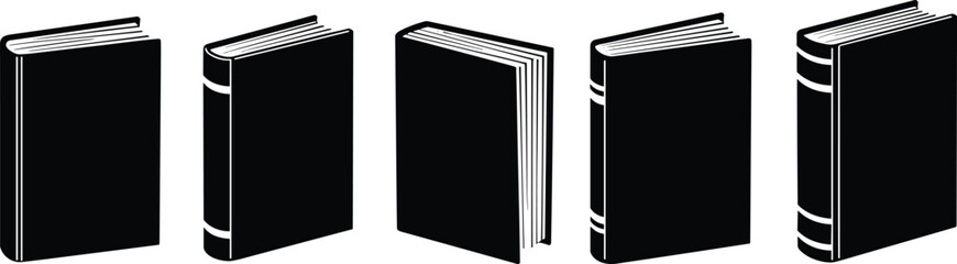 Black book silhouettes, upright closed books, spine detail, minimalist graphic design, literary theme, educational concept, modern layout, icon style © Habiba