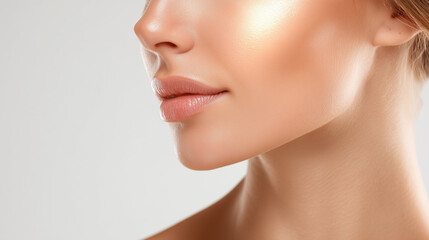 Fototapeta premium Close up of radiant cheekbone illuminated by warm gold light on smooth skin with natural lips and elegant jawline, showcasing healthy glowing complexion and soft texture