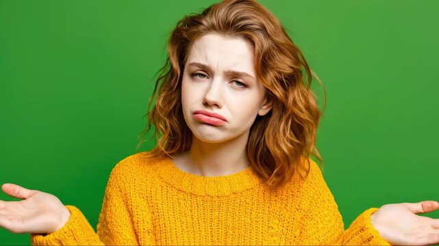 Young confused woman shrugging shoulders with clueless expression on green background